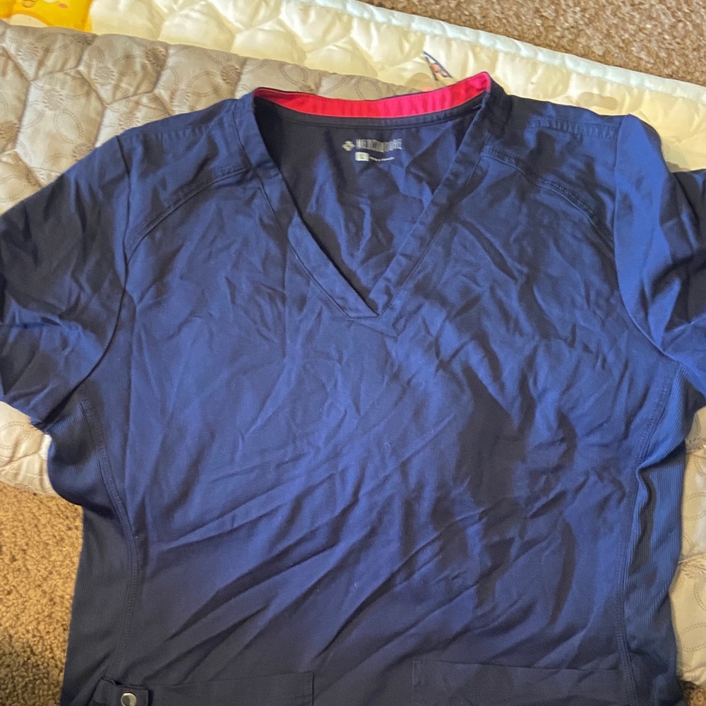 Med Couture Navy Scrub Top with pink Accents set